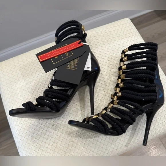NEW WITH TAGS BALMAIN X H&M Black and Gold Rope Heels - Size 39 - Picture 3 of 16